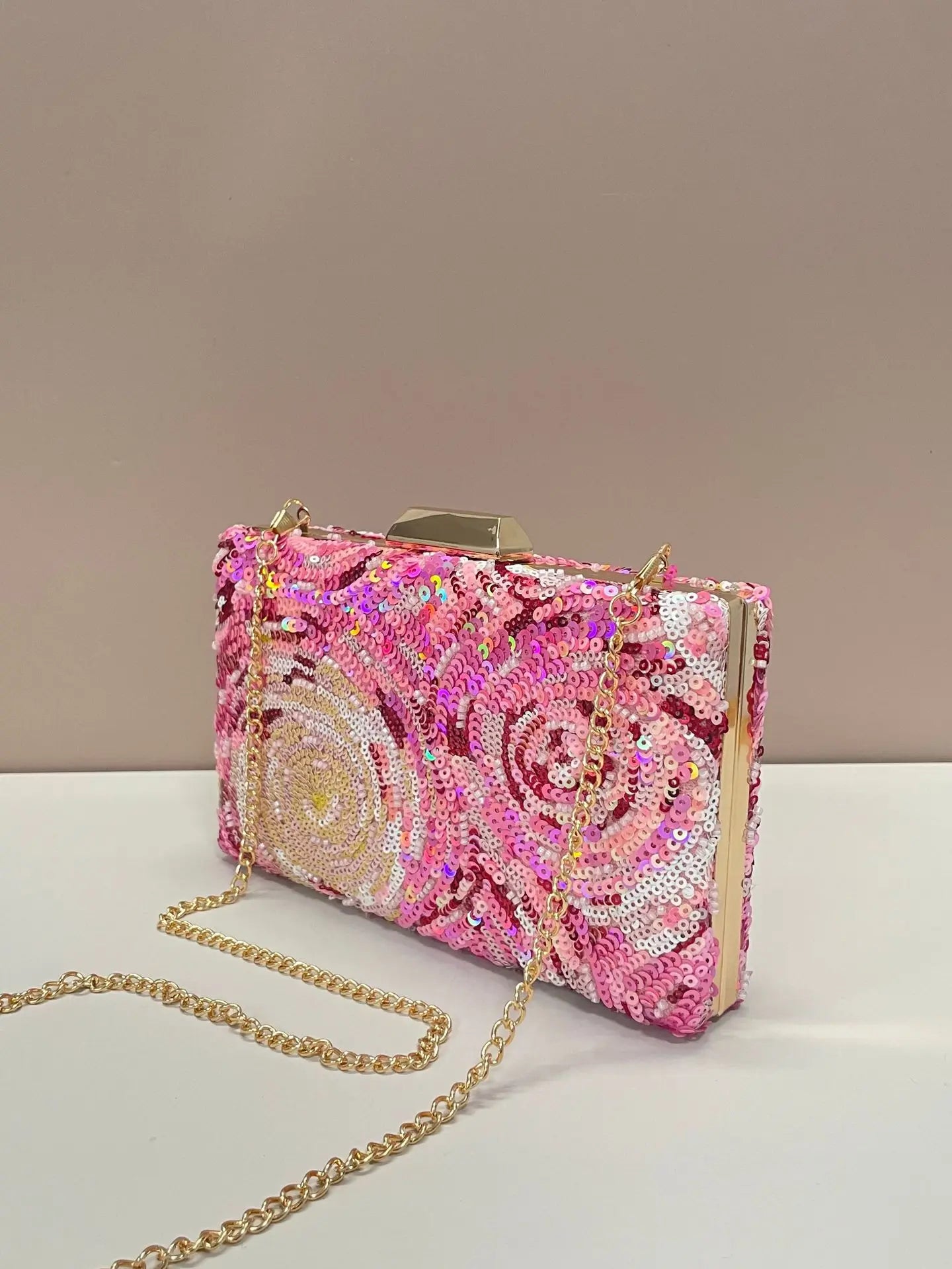Pink Floral Sequin Evening Clutch