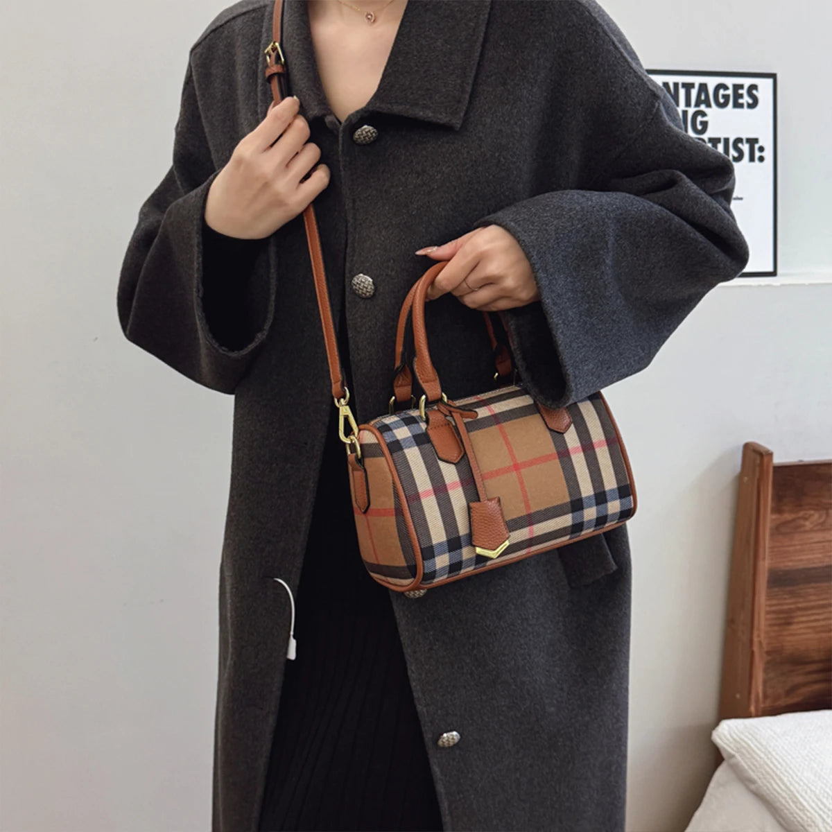 Classic Plaid PU Leather Crossbody Tote Bag