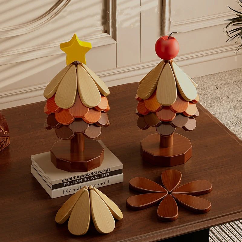 Wooden Christmas Tree Trivet Set
