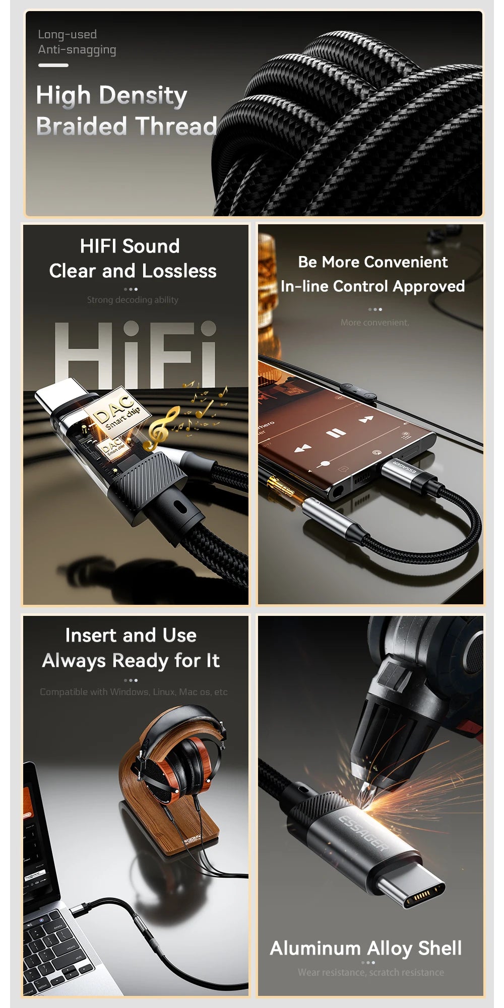 ESSAGER USB-C to 3.5mm Audio Adapter for Headphones & AUX