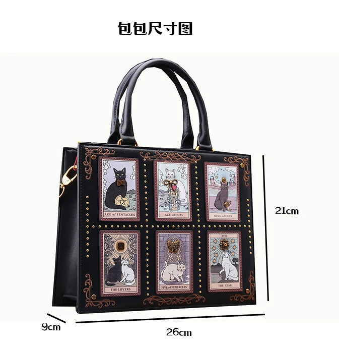 Vintage Cat Print Leather Tote Bag