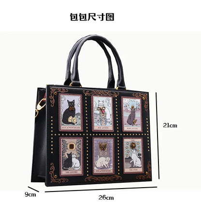 Vintage Cat Print Leather Tote Bag