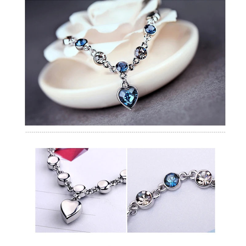 Women Silver Color Blue Crystal Heart Bracelet