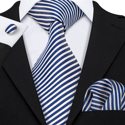 Barry Wang Jacquard Striped Silk Men's Tie Pocket Square Cufflinks Set