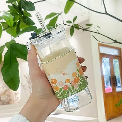Heat-Resistant Borosilicate Glass Tumbler with Lid and Reusable Straw
