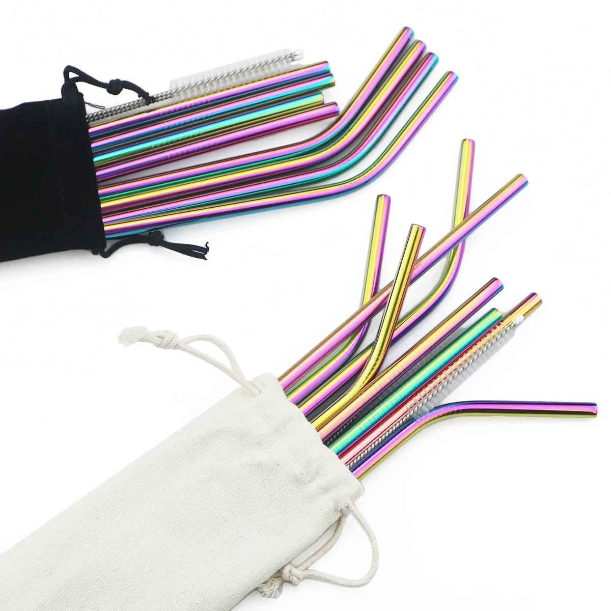 Reusable 304 Stainless Steel Metal Drinking Straws Set with Cleaning Brush
