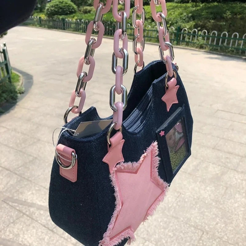 Denim Star Patch Hobo Shoulder Bag