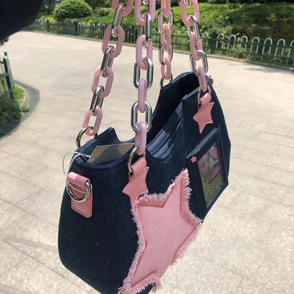 Denim Star Patch Hobo Shoulder Bag