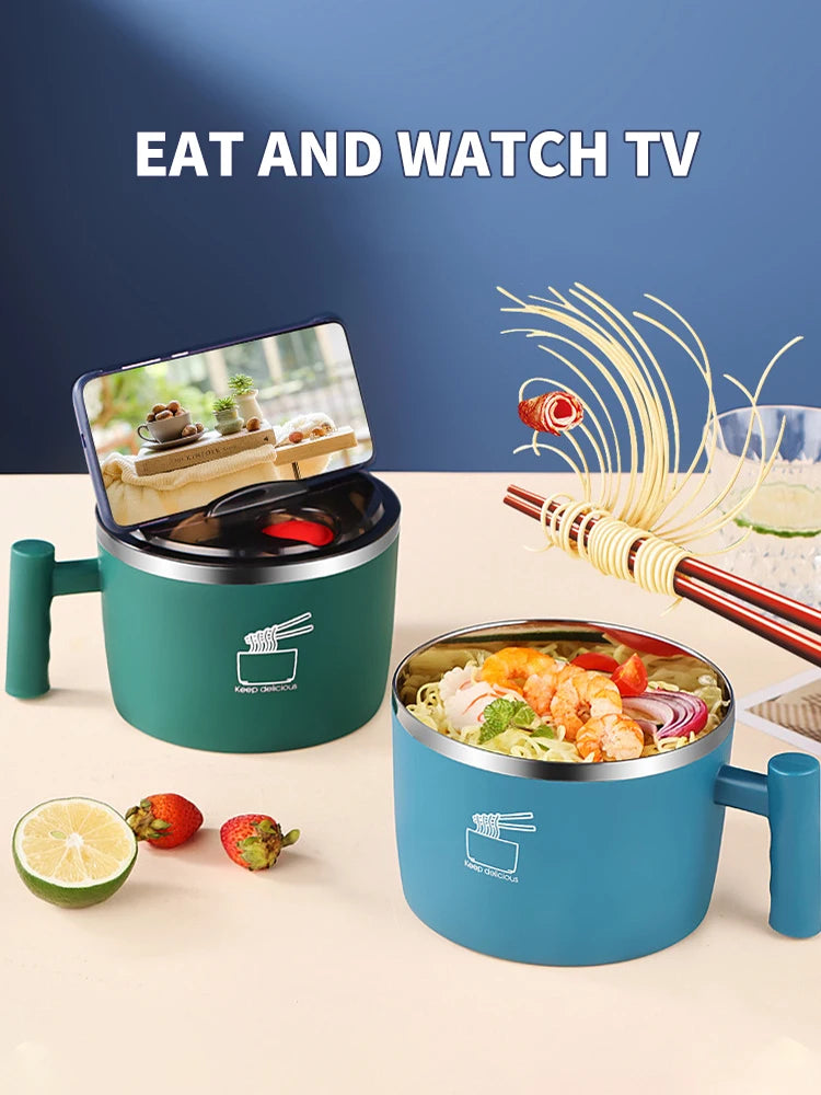 Insulated Stainless Steel Instant Noodle Bowl with Lid & Built-In Strainer