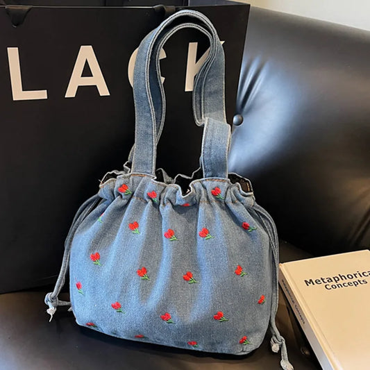 Embroidered Denim Drawstring Shoulder Tote Bag