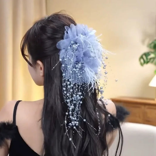 Floral Feather Pearl Hair Claw Clip