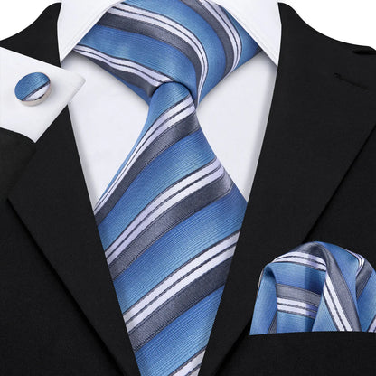 Barry Wang Jacquard Striped Silk Men's Tie Pocket Square Cufflinks Set