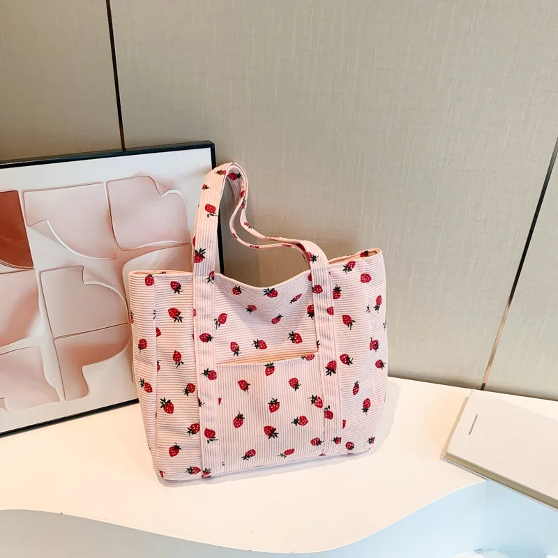 Corduroy Strawberry Print Tote Bag