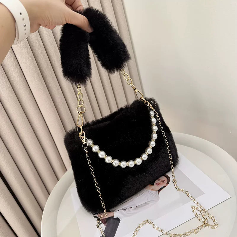 Pearl Chain Plush Shoulder Bag