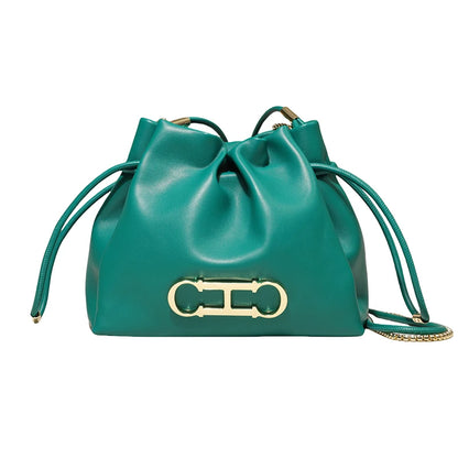 CH Drawstring Bucket Bag – PU Leather Gold Chain Handbag