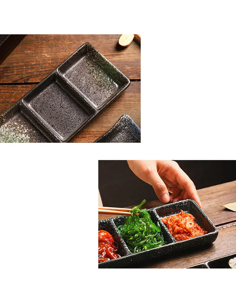Japanese 3-Compartment Ceramic Sauce & Sushi Dish