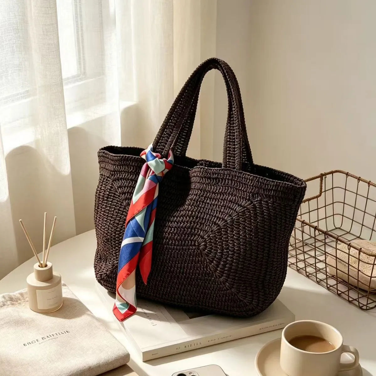 Title Women’s Bohemian Woven Paper Rope Tote Bag