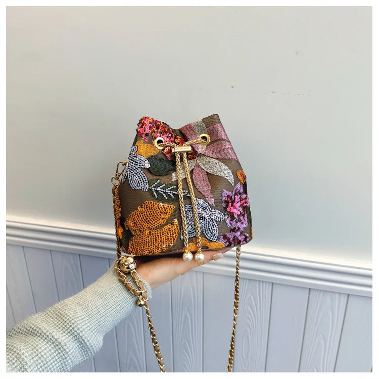 Floral Embroidered Bucket Crossbody Bag