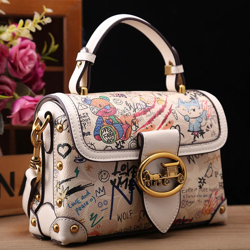 Vintage Graffiti Bear Top Handle Satchel Bag