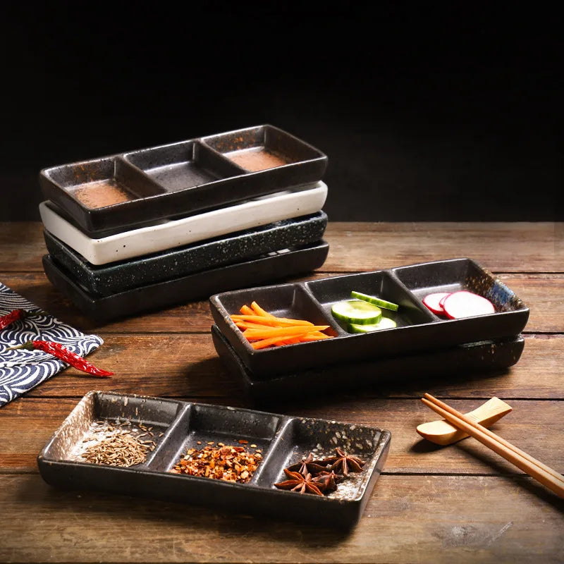 Japanese 3-Compartment Ceramic Sauce & Sushi Dish