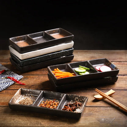 Japanese 3-Compartment Ceramic Sauce & Sushi Dish