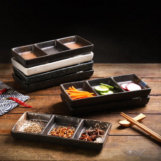 Japanese 3-Compartment Ceramic Sauce & Sushi Dish