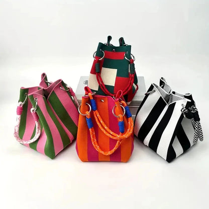 Color Block Knitted Cotton Bucket Tote Bag