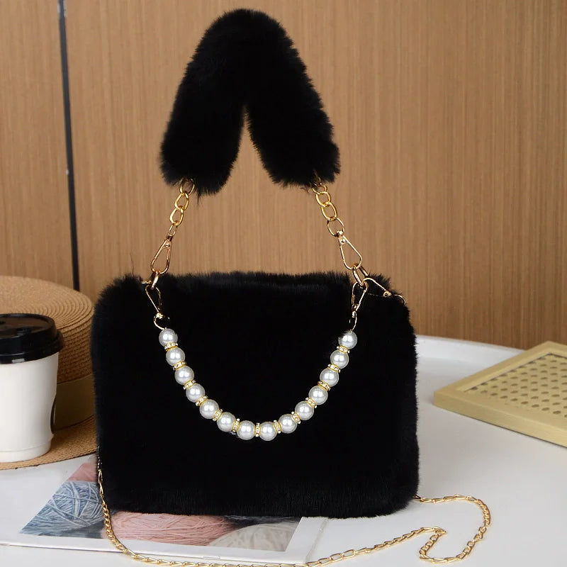 Pearl Chain Plush Shoulder Bag