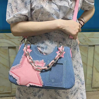 Denim Star Patch Hobo Shoulder Bag