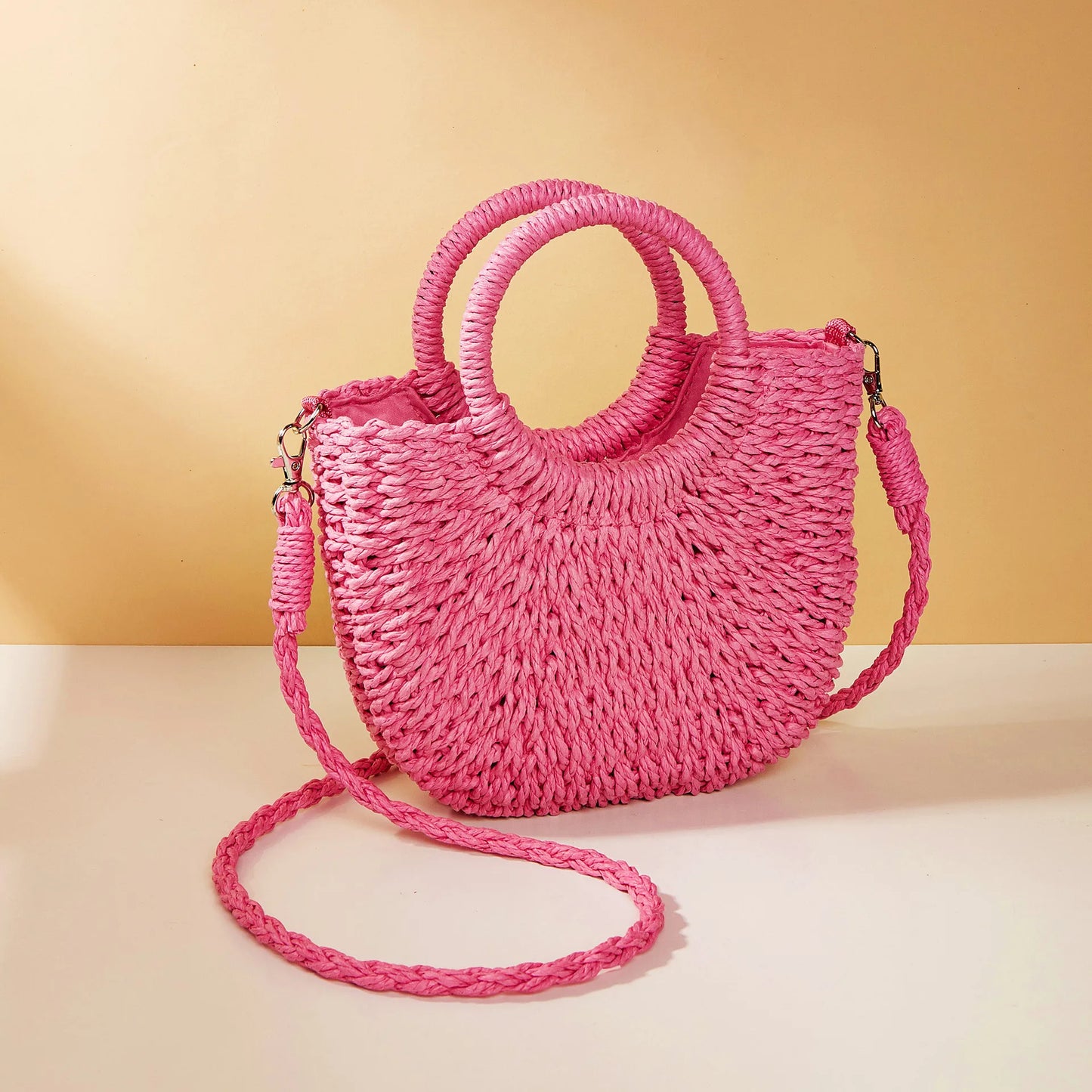 Half-Round Woven Straw Beach Tote Bag