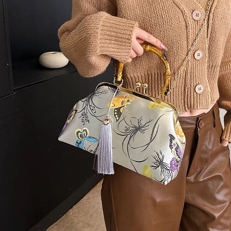 Luxury Embroidered Evening Handbag with Bamboo Handle