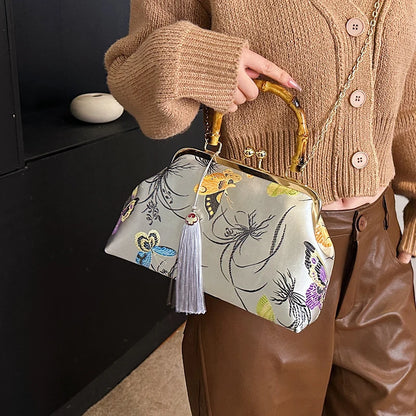 Luxury Embroidered Evening Handbag with Bamboo Handle
