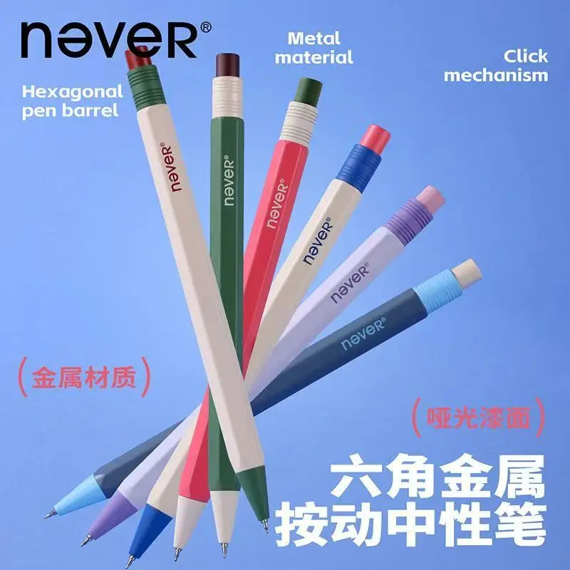 Never Hexagonal Bar Metal Retractable Gel Pen 0.5mm Quick-Drying & Weighted Black Signature Pen Aesthetic Stationery Gift