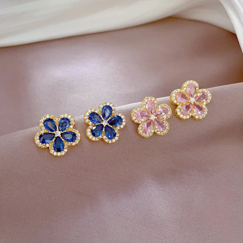 Stainless Steel Lovely Blue Pink Flowers Pendant Necklace Earrings Set