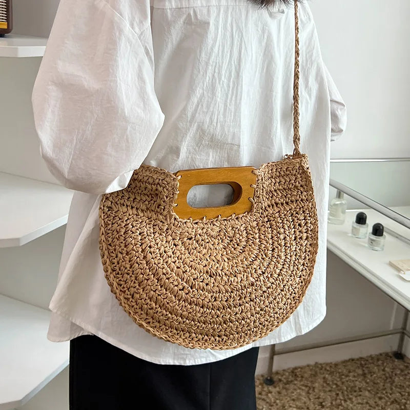 Handwoven Bohemian Straw Shopper Tote Bag