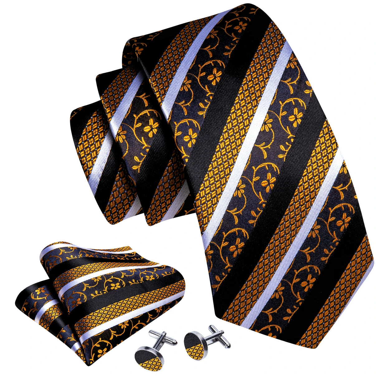 Barry Wang Jacquard Striped Silk Men's Tie Pocket Square Cufflinks Set