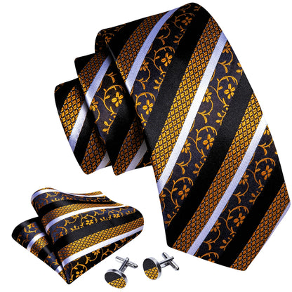 Barry Wang Jacquard Striped Silk Men's Tie Pocket Square Cufflinks Set