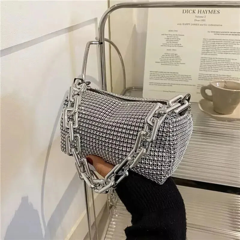 Rhinestone Bucket Bag – Glitter Chain Mini Crossbody Purse