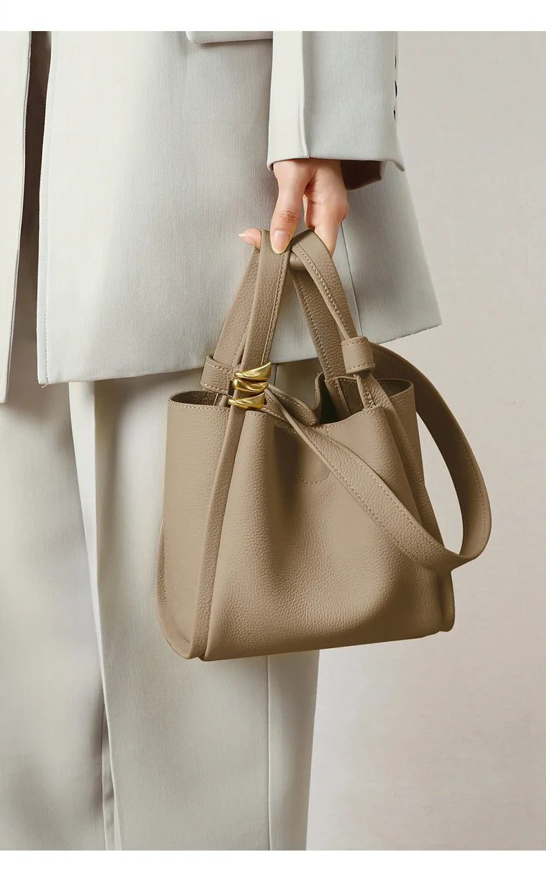 Genuine Leather Yellow Bucket Tote Bag for Women