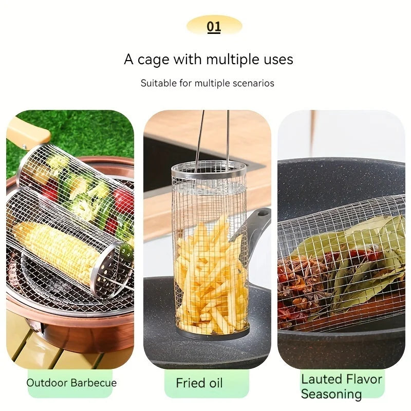 Stainless Steel Rolling BBQ Grill Basket