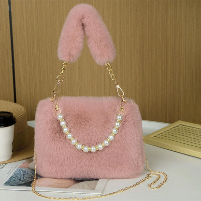 Pearl Chain Plush Shoulder Bag