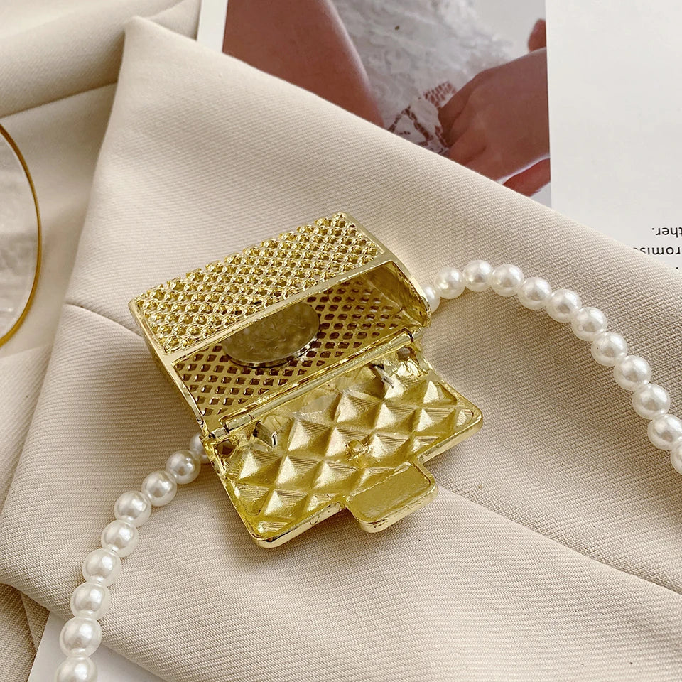 Mini Metallic Evening Box Bag with Pearl Chain
