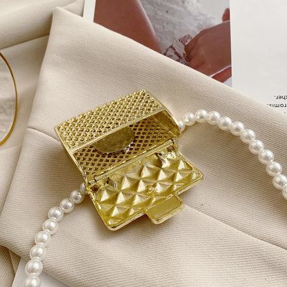 Mini Metallic Evening Box Bag with Pearl Chain