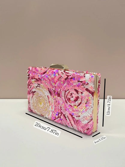Pink Floral Sequin Evening Clutch