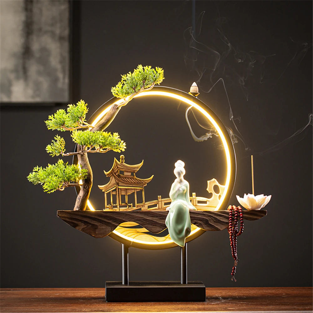 Ceramic Waterfall Incense Holder with LED Ring & Lotus Decor
