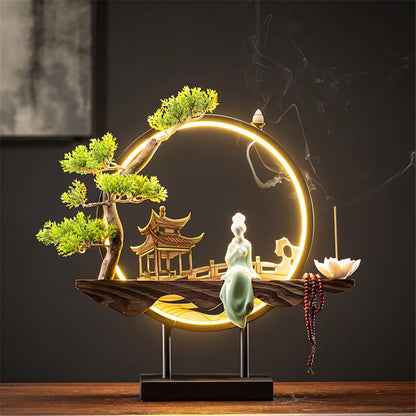 Ceramic Waterfall Incense Holder with LED Ring & Lotus Decor