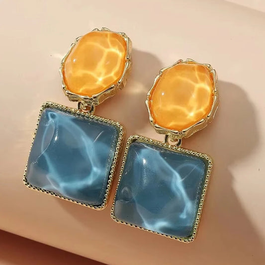 Round Square Crystal Stone Drop Earrings