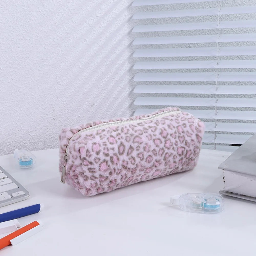 Plush Leopard Print Large Capacity Pencil Case