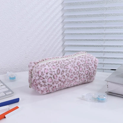 Plush Leopard Print Large Capacity Pencil Case