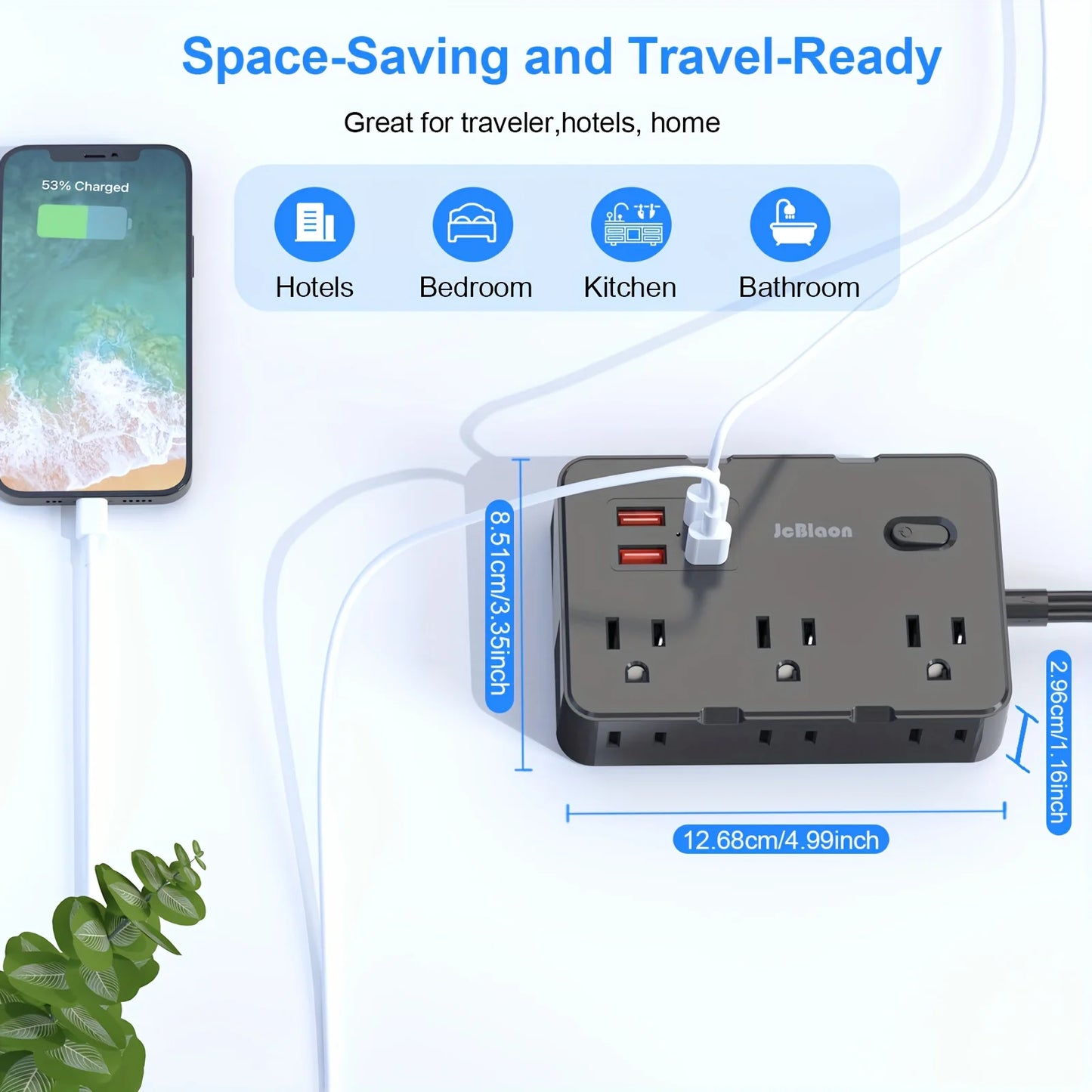 Ultra Thin US Power Strip with 6 Outlets & 4 USB Ports